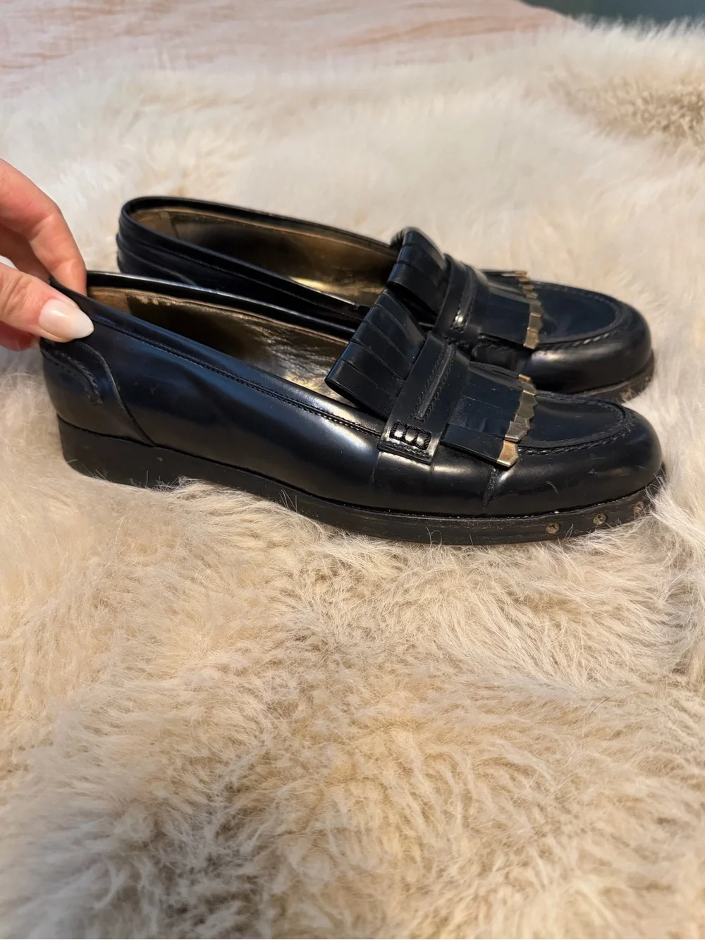 LANVIN Black Leather Tassel Loafers with Gold Stud Accents LUXURY Sz 39 (8.5)